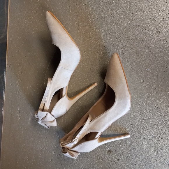 Jolimall Cream Colored,Bow-Tye Back, Adjustable Ankle Strap, Pointed Toe Heels - Picture 9 of 14